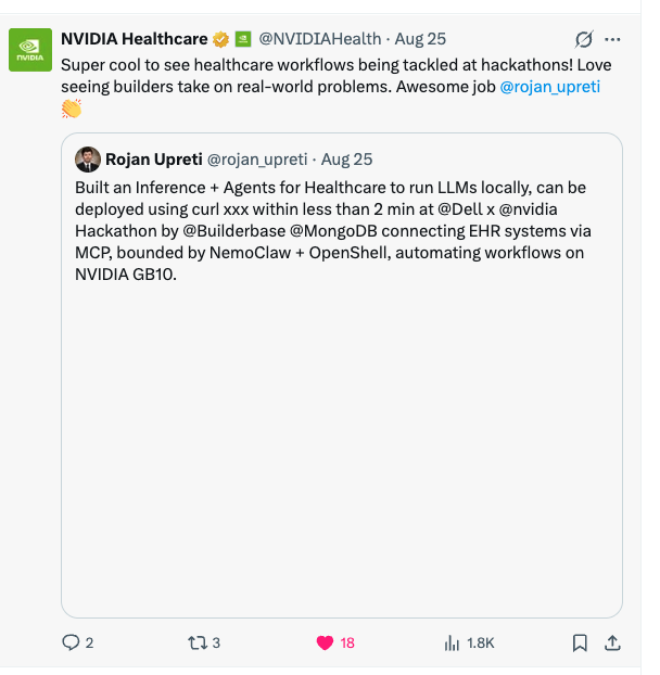 NVIDIA Healthcare quoting Rojan Upreti on X for the Dell x NVIDIA healthcare inference and agents hackathon project